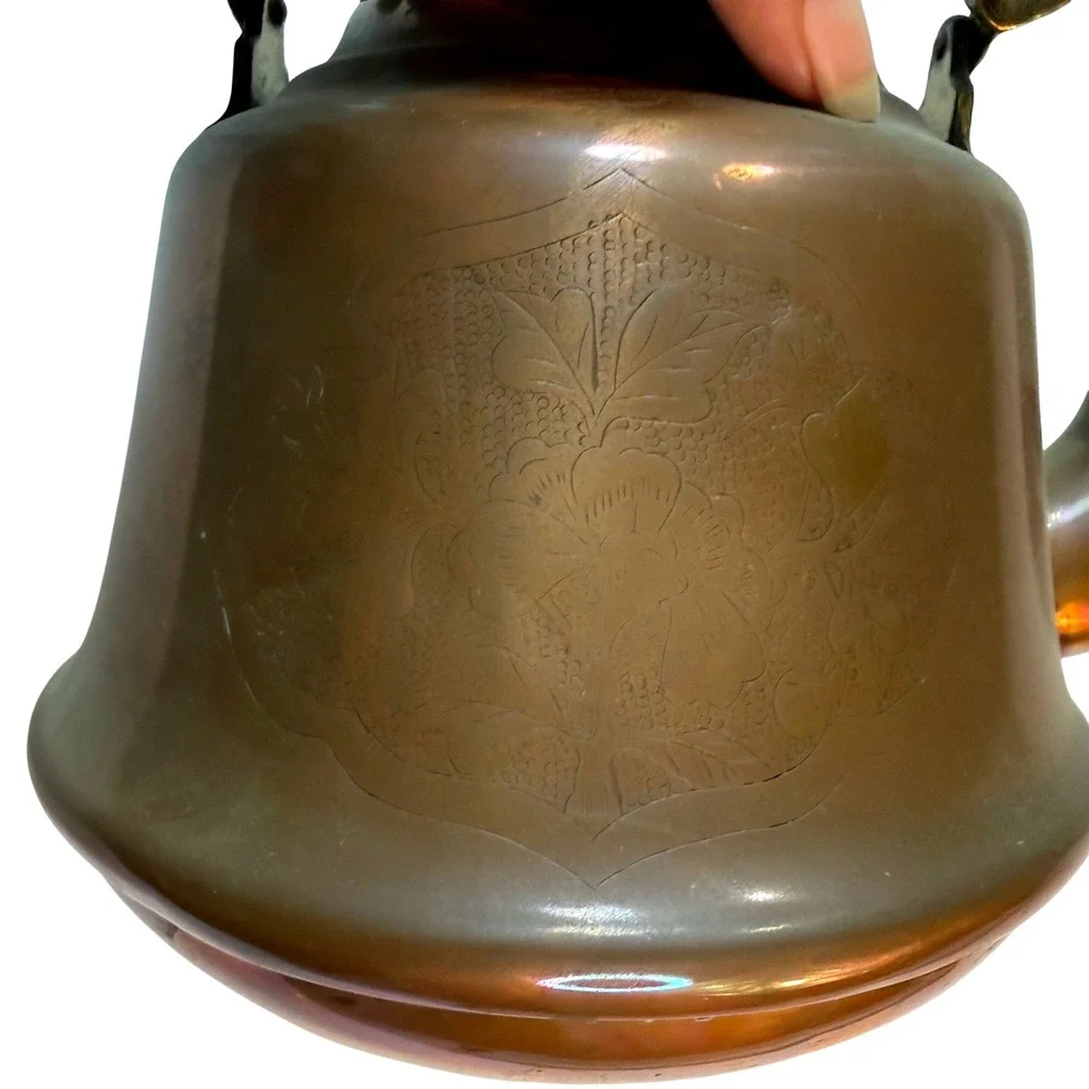 Vintage MCM Copper Tea Kettle Etched Floral Swan Spout Wood Handle‎ Rustic Decor